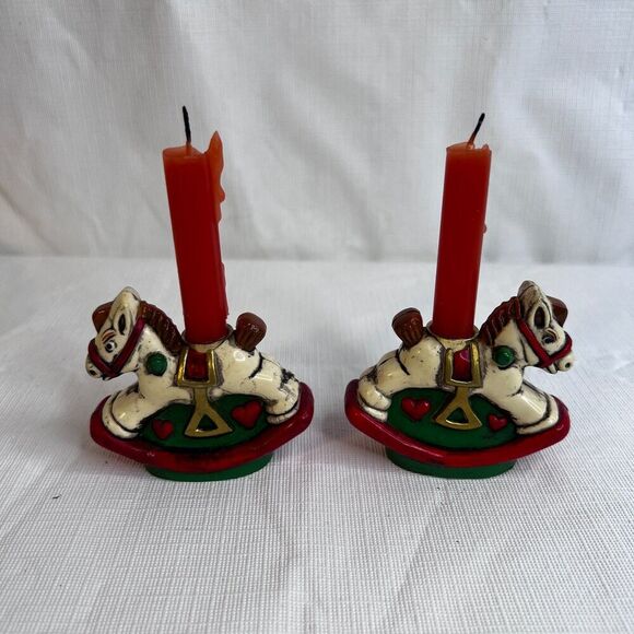 Holiday Memories Rocking Horse Candle Holders Set of 2 in Box Vintage Christmas - Picture 3 of 7